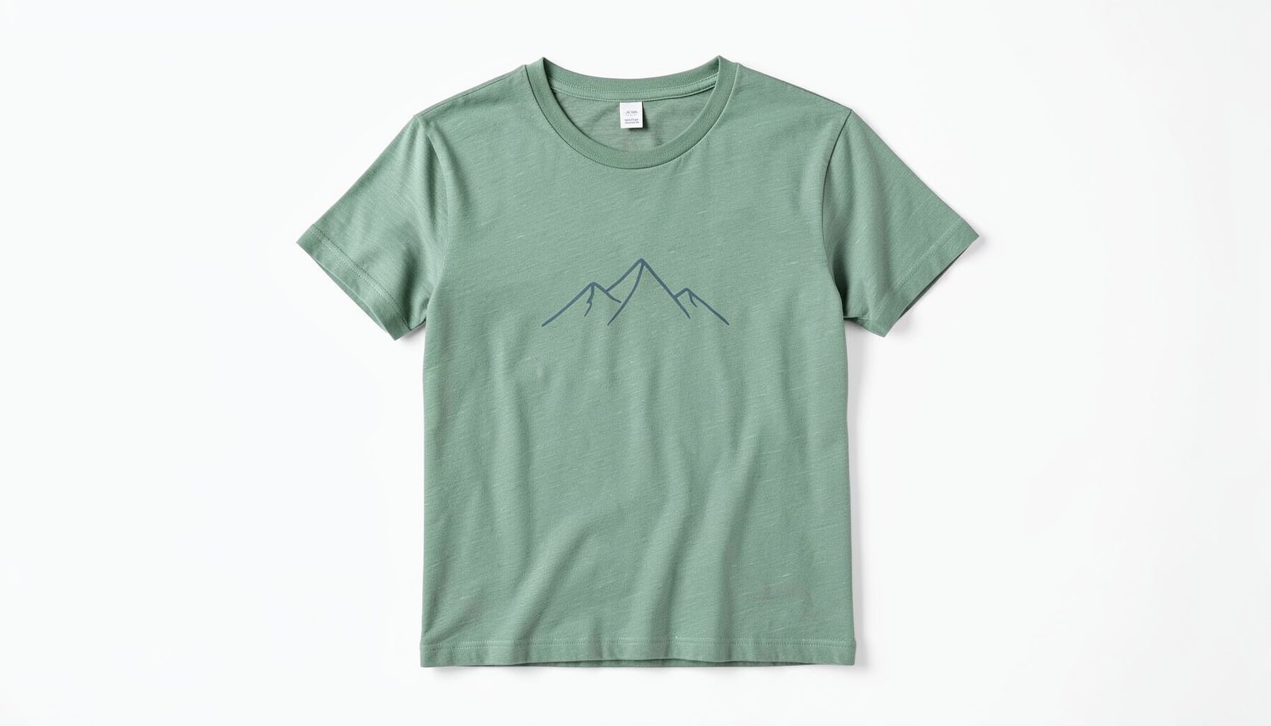 A heather-green T-shirt with a subtle mountain graphic, casual fabric
